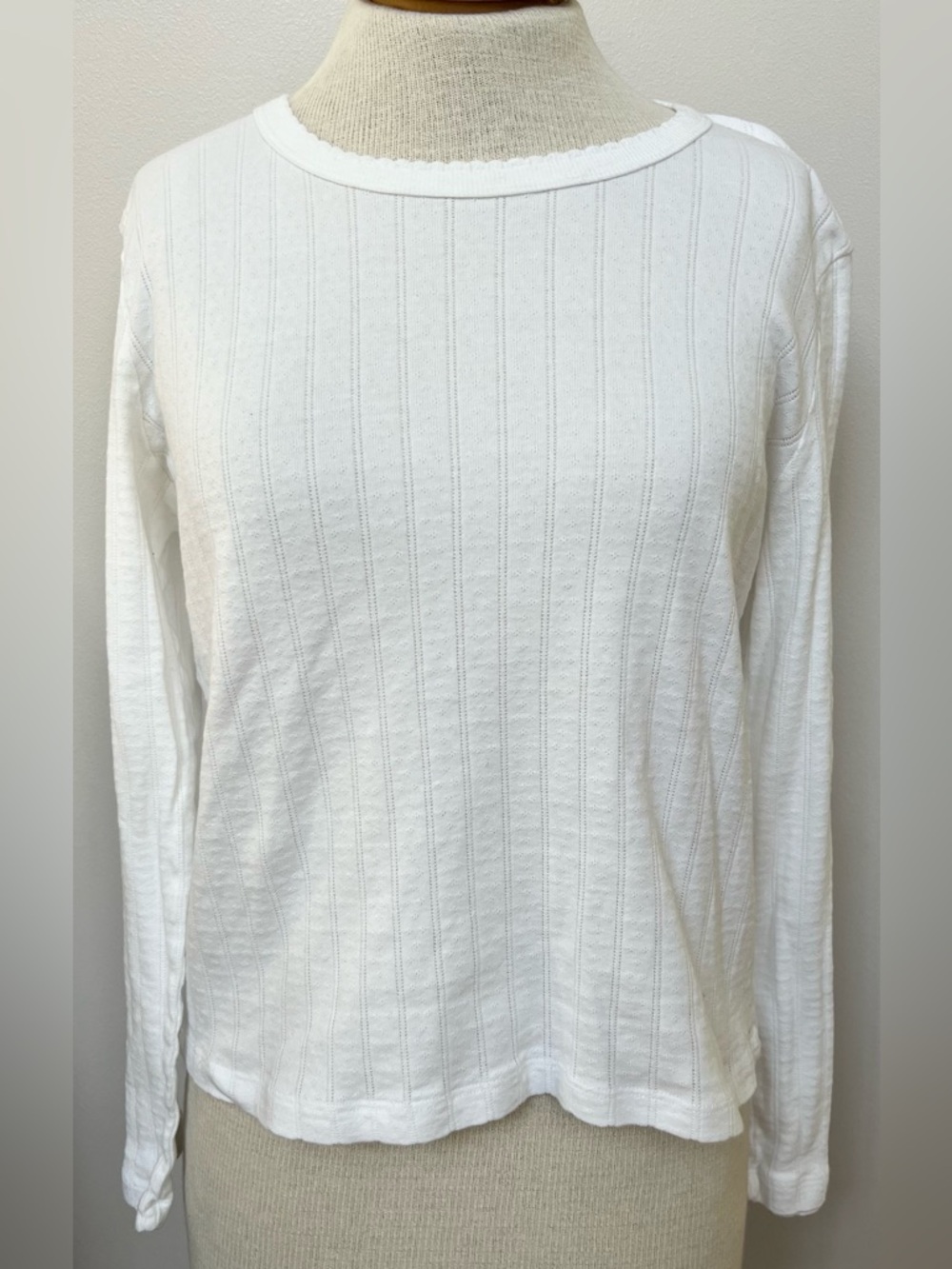 Leset White Pointelle Ribbed Long Sleeve Top Sz L Cotton Made in USA Minimalist